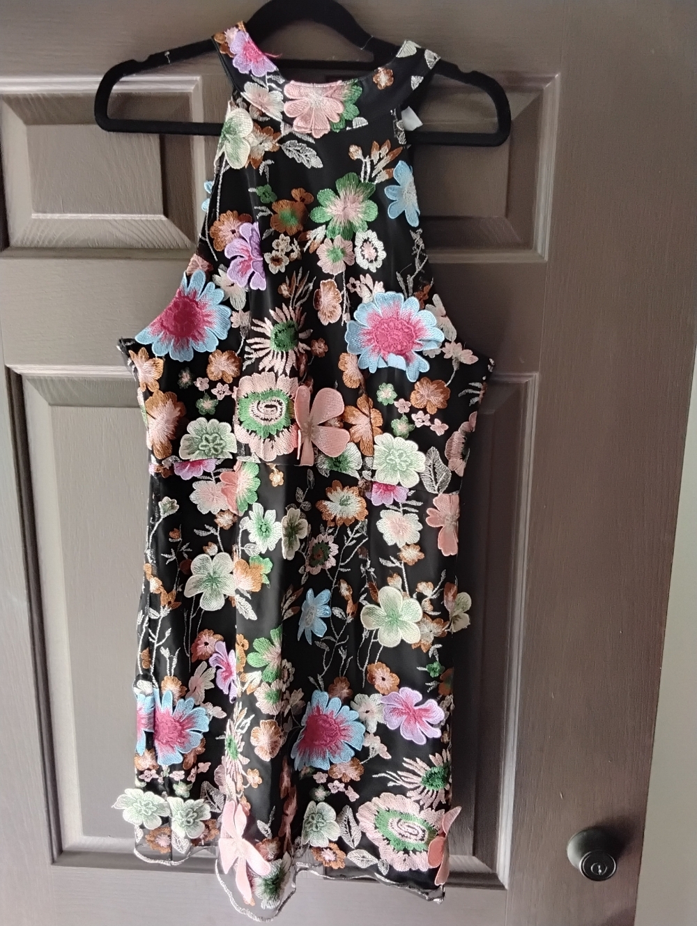 Entro Black Floral Halter Dress with Pastel Embroidery Large